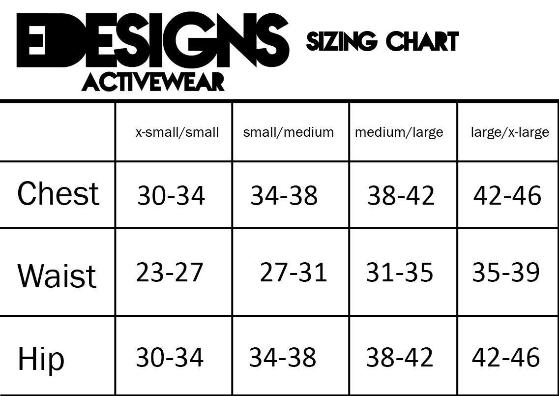 Edesigns Activewear Sizing Charts