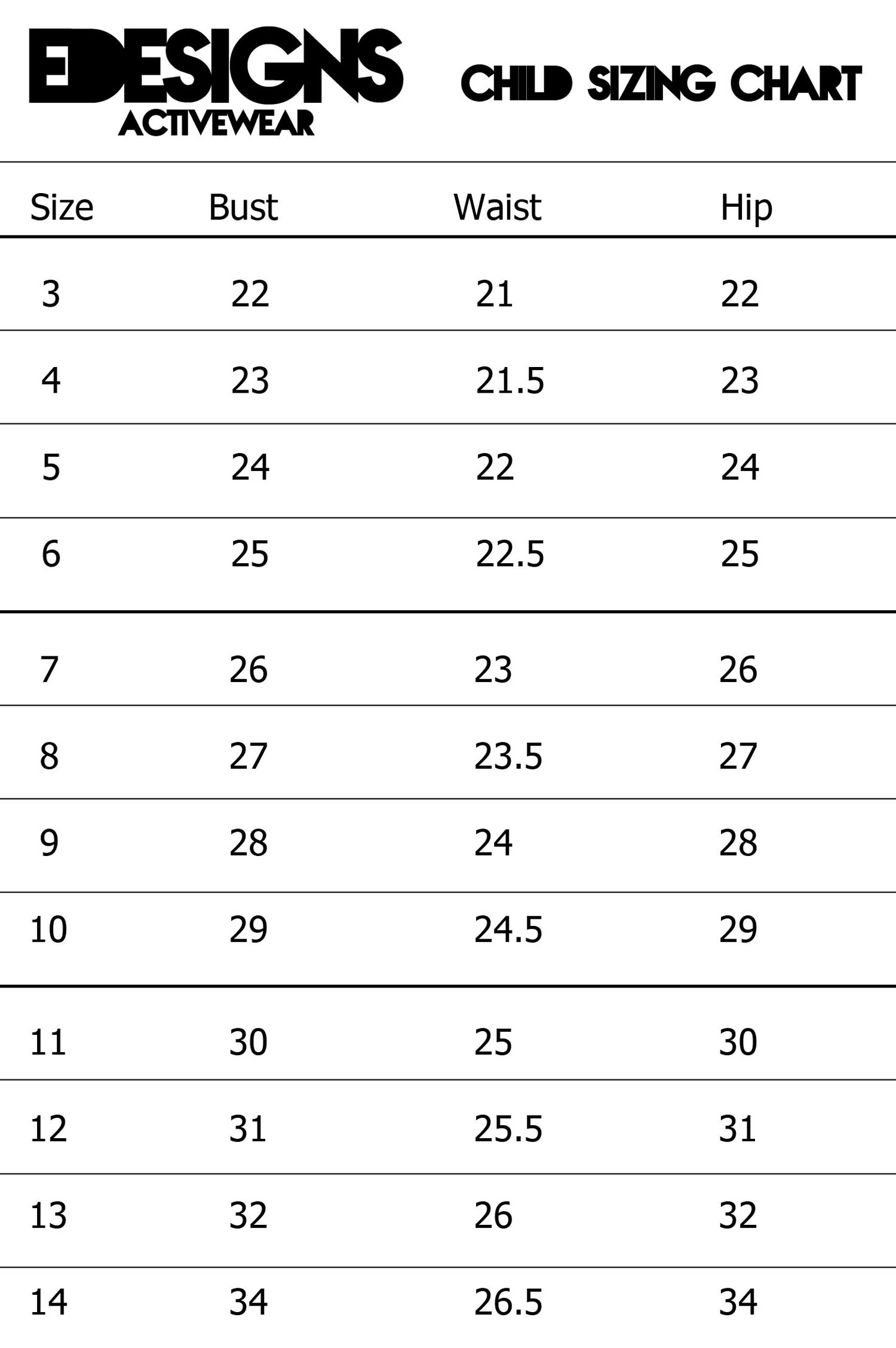 Edesigns Activewear Sizing Charts