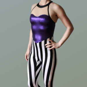 A purple, black and white spandex bodysuit on a woman's body